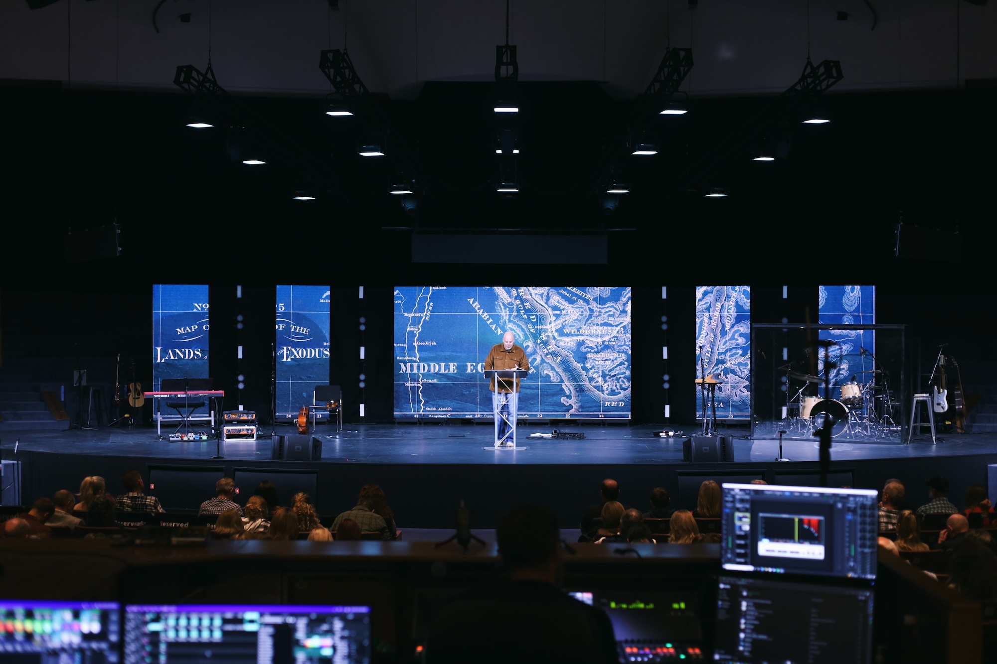 Stage and lighting set for main speaker at Brave Church