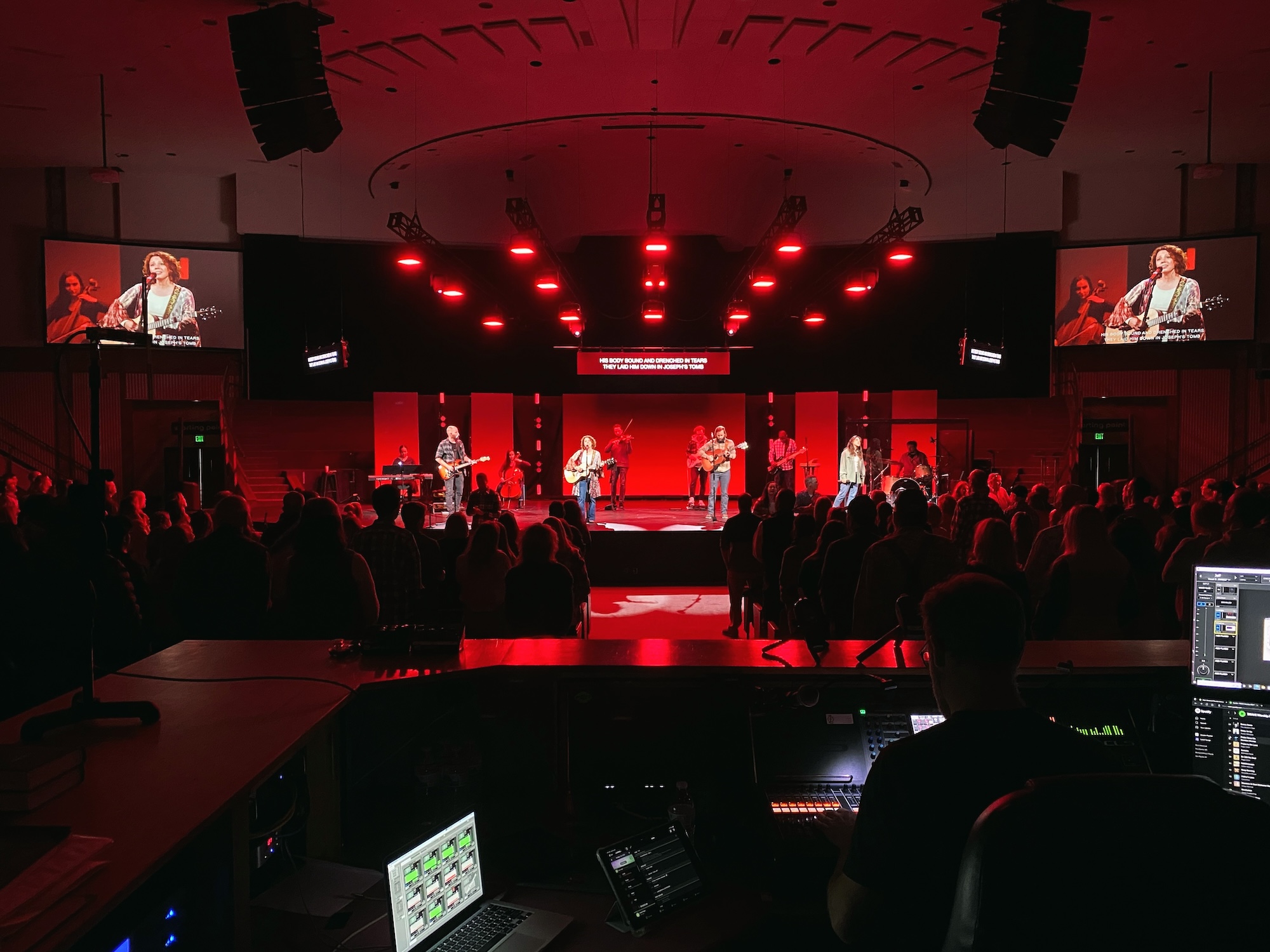 Red themed lighting at Brave Church